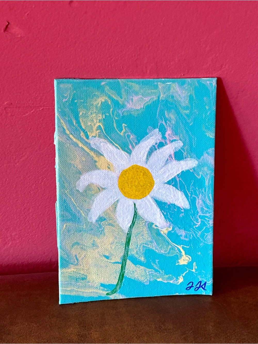Hand-Painted White Daisy on Fluid Art Background- Original Home Art 5x7